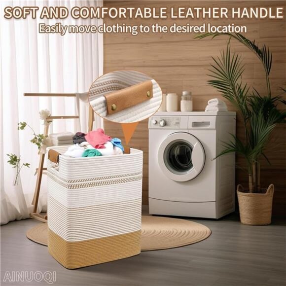 Laundry Hamper - 85L Large Laundry Basket with Leather Handles, Decorative - Picture 6 of 7